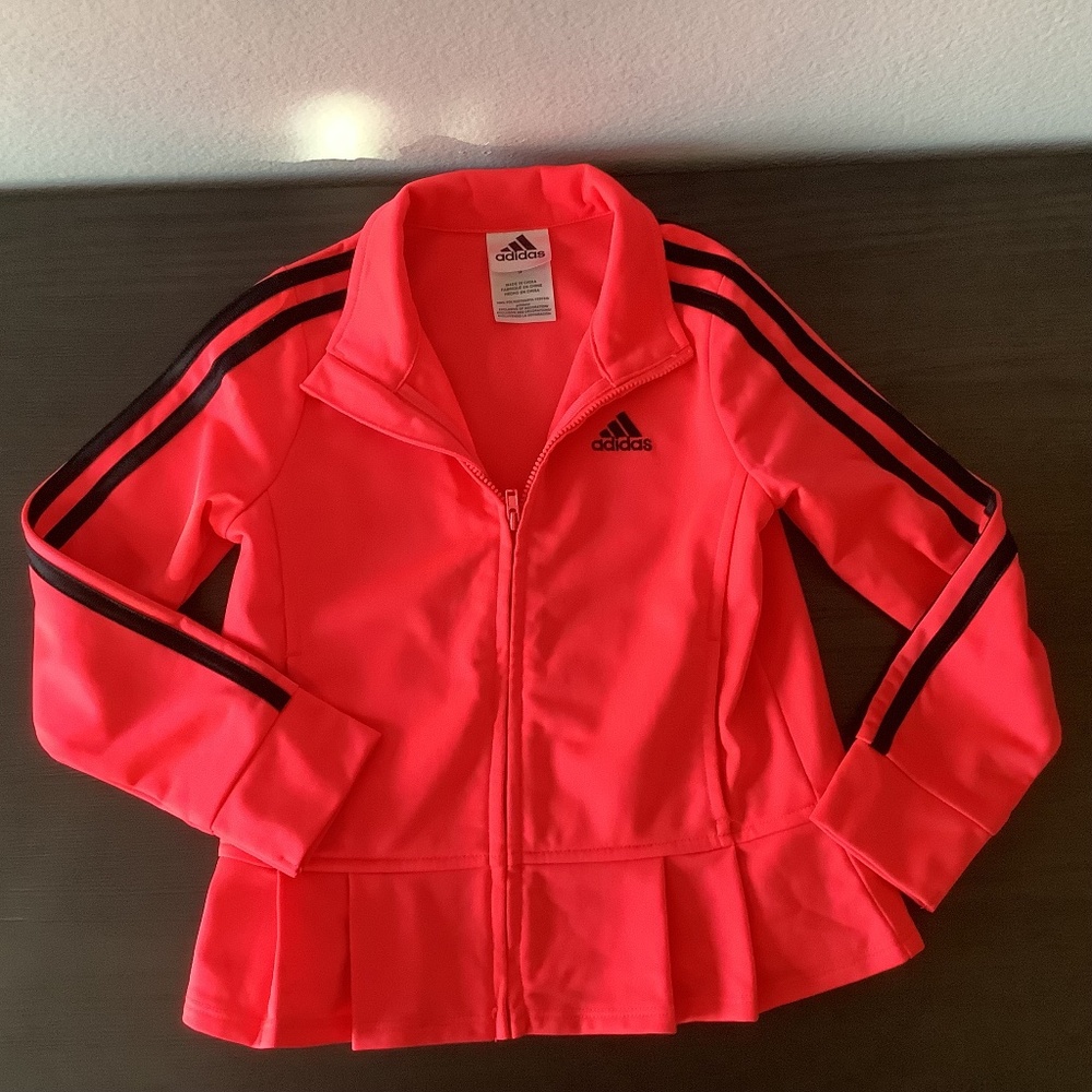 Adidas Girls 3 Stripe Logo Full Zip Peplum Warmup Jacket Black Size 5